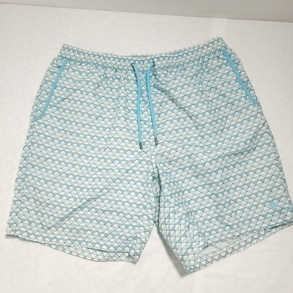 Beach Bros. Swim Trunks Board Shorts Teal Geometric Print Pockets Sz XXL
